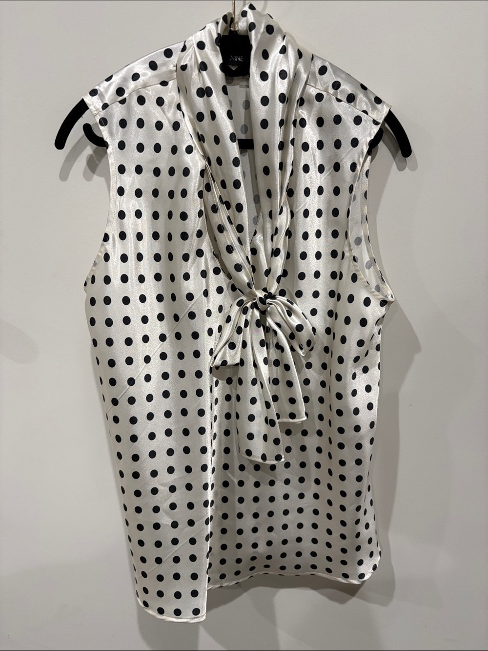 Nine West Black White Polka Dot Satin Blouse Tie Neck Large